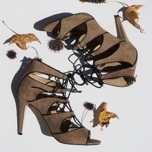 BROWN SUEDE LACEDUP STILETTO PEEP TOE